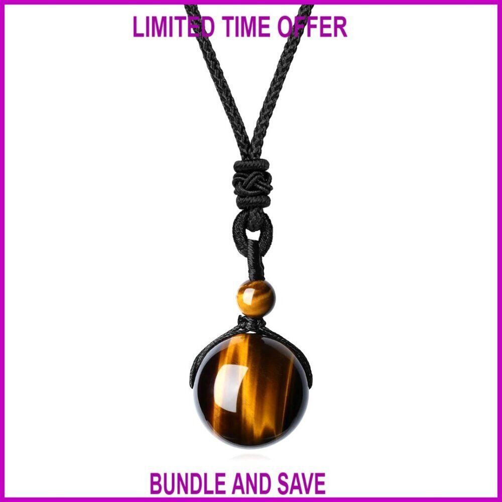 Adjustable Tiger Eye Crystal Pendant Necklace, Nylon Cord, Genuine Stone